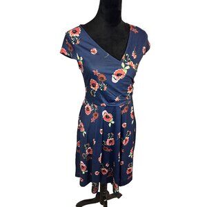 Floral Navy Blue Wrap Dress With Cap Sleeves & A-Line Skirt, Momcore